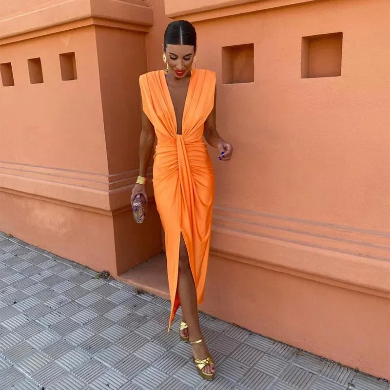 Plunge V-Neck Twist Front Ruched High Slit Bodycon Maxi Dress 5