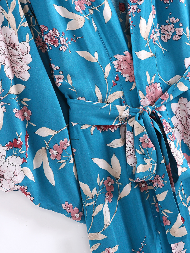 Blue Floral Print Belted Wide Sleeve Long Kimono Robe 5