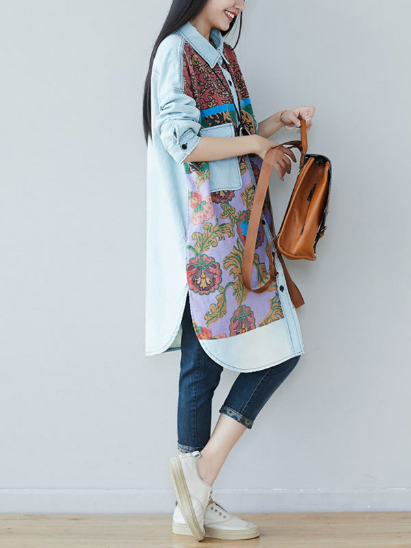 Collared Button Down Floral Print Denim Shirt Midi Dress
