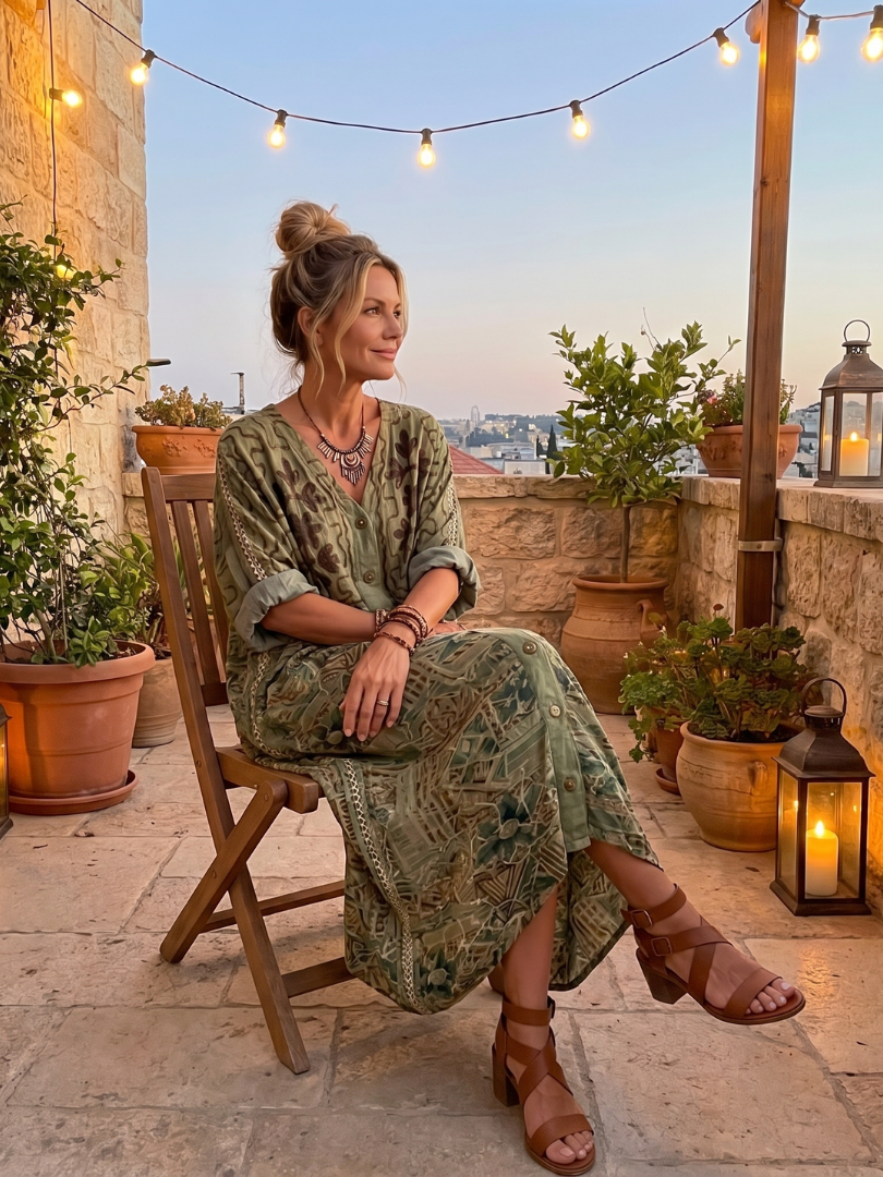 Green V-Neck Button Front Contrast Panel Embroidered Pocket Maxi Dress 5