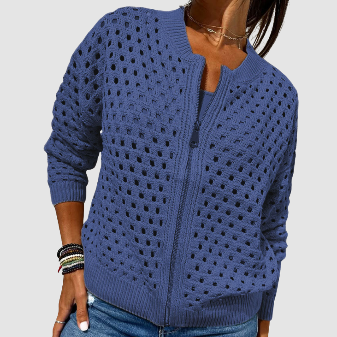 Crochet Hollow Out Zip Front Long Sleeve Cardigan 5