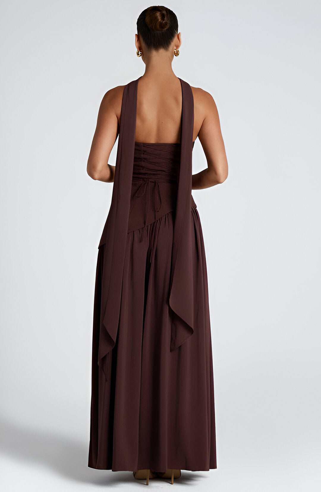 Strapless Neck Scarf Asymmetric High Slit Flowy Maxi Gown 10