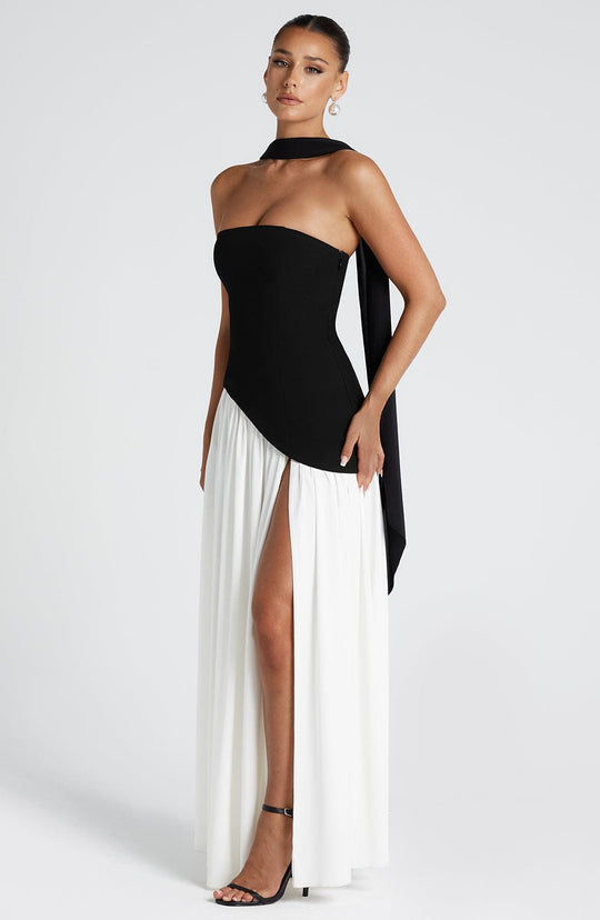 Strapless Neck Scarf Asymmetric High Slit Flowy Maxi Gown 13