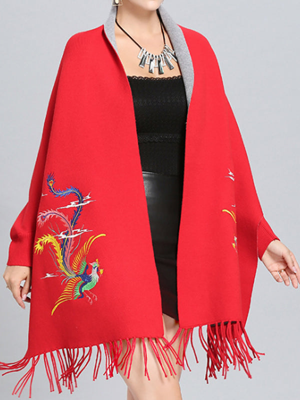 Open Front Phoenix Embroidery Fringe Hem Batwing Cape Cardigan 9