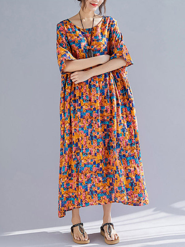 Multi Color Round Neck Abstract Floral Print Pleated Short Sleeve A-Line Maxi Dress