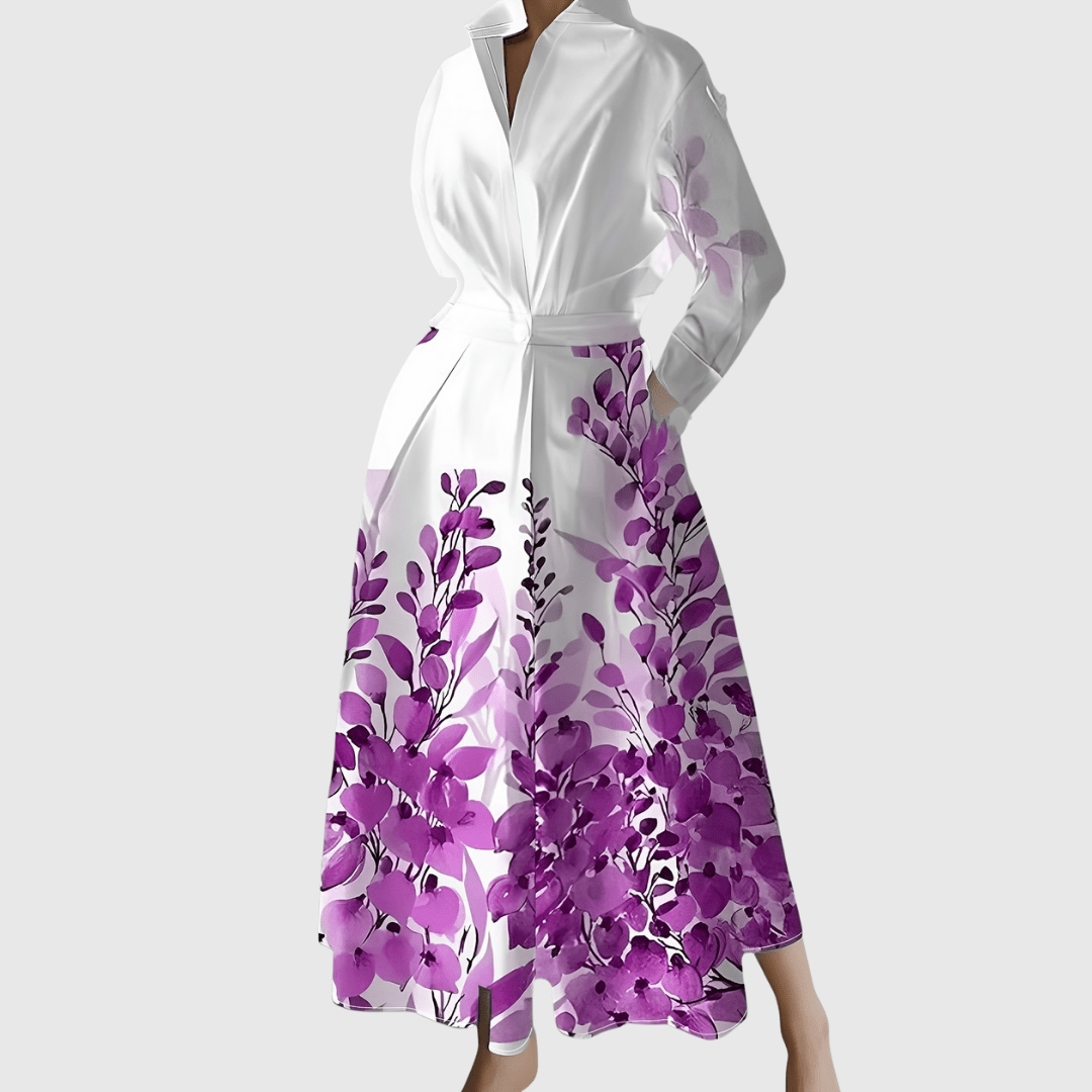 Collared Floral Border Print Long Sleeve Pocket Shirt Maxi Dress 4