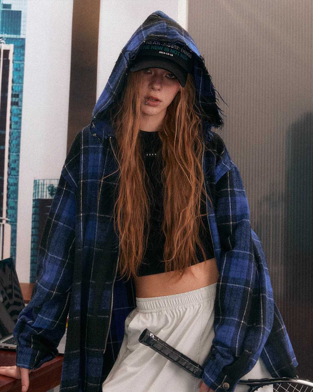 Blue Plaid Oversized Hooded Jacket
