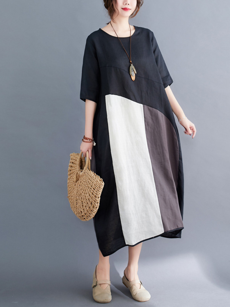 Round Neck Half Sleeve Colorblock Panel Loose Midi Dress 5