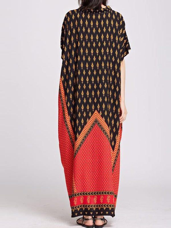 Brown V-Neck Ethnic Border Print Batwing Sleeve Kaftan Maxi Dress 2
