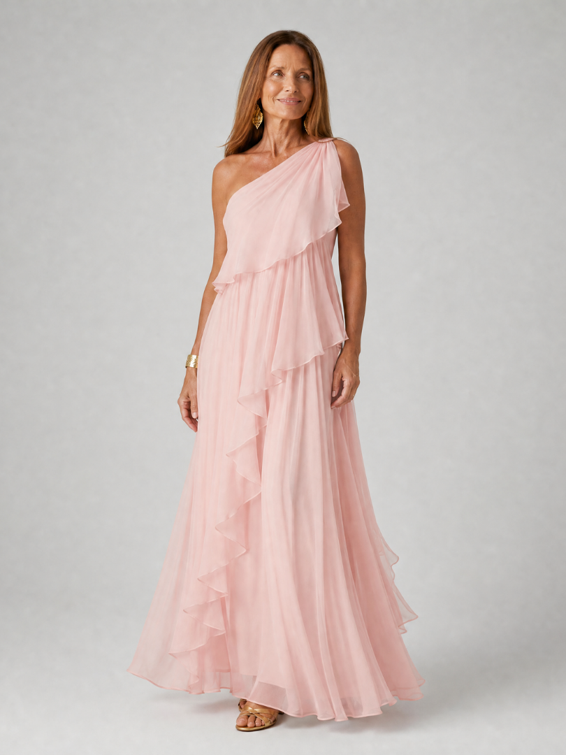 One-Shoulder Chiffon Cascade Ruffle Flowy Maxi Gown 6