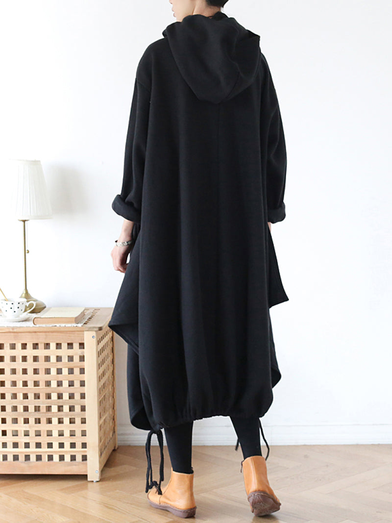 Hooded Long Sleeve Drawstring Hem Loose Cocoon Midi Dress 3