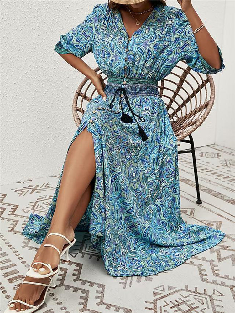 Fresh Print Maxi Dress-Blue