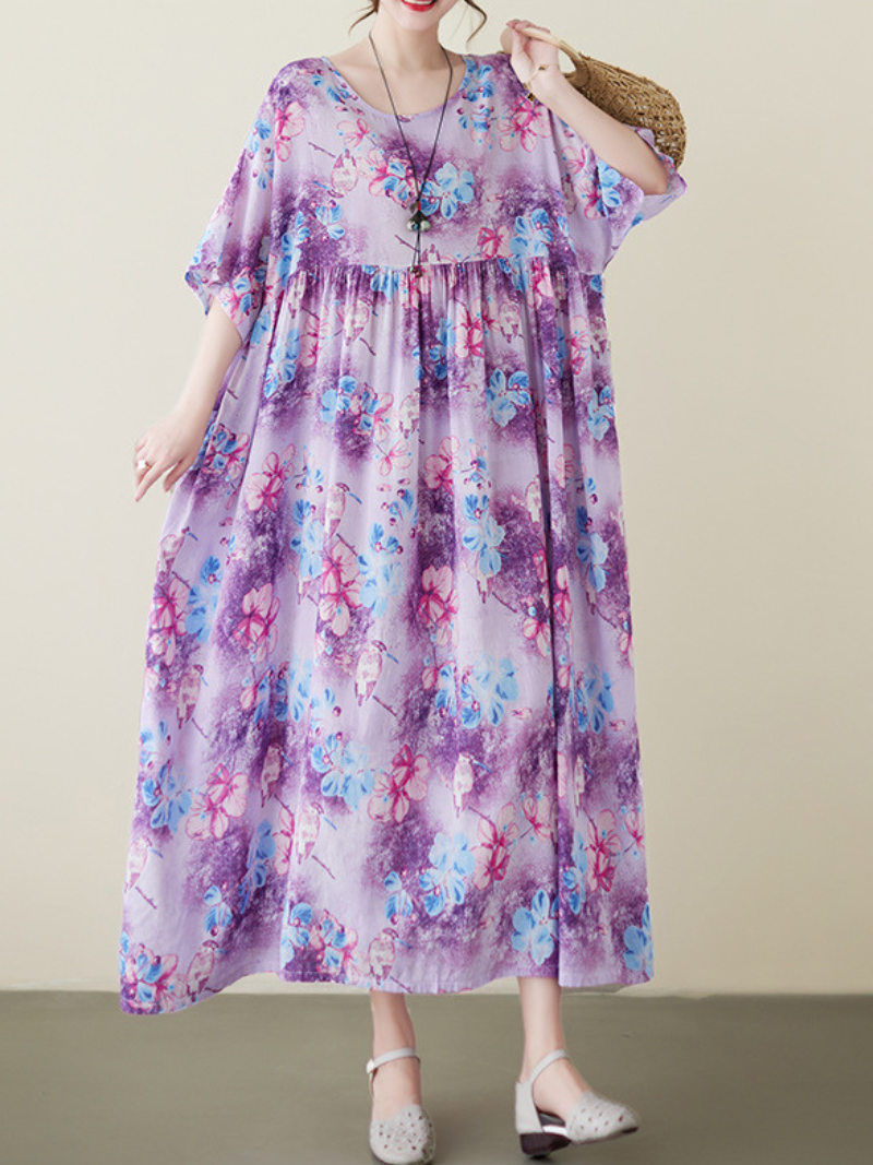 Purple Round Neck Batwing Sleeve Floral Print Pleated Smock Maxi Dress