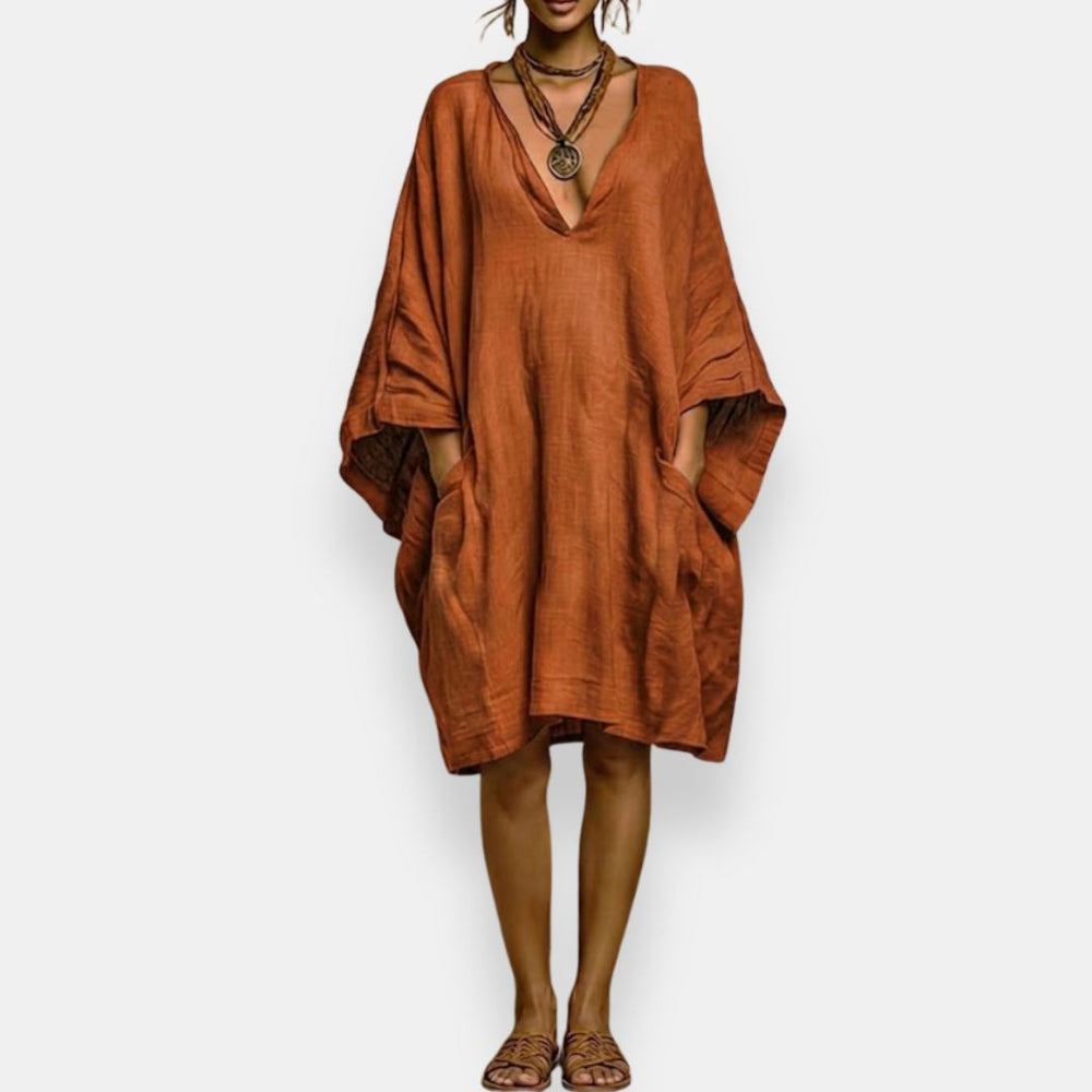 V-Neck Batwing Sleeve Linen Oversized Pocket Midi Dress 4