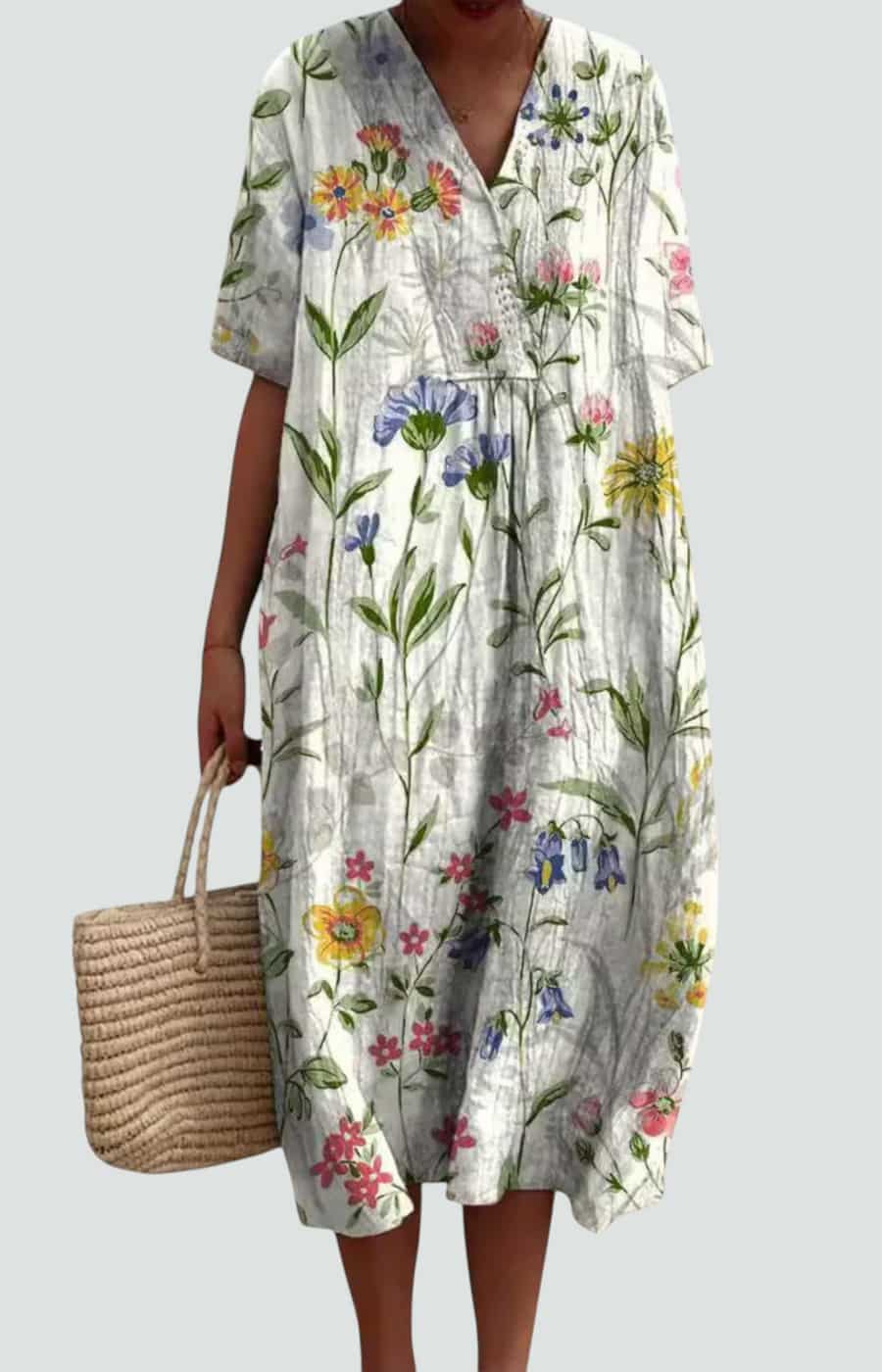 V-Neck Floral Print Short Sleeve Relaxed Cocoon Midi Dress
