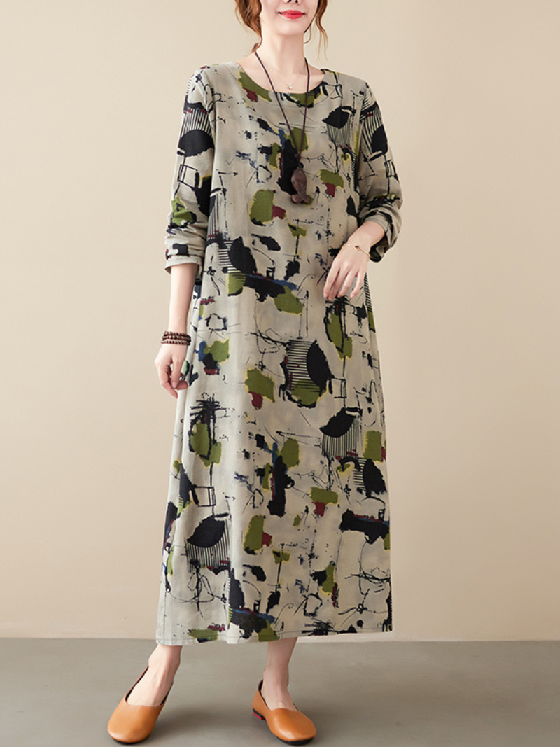 Multicolor Round Neck Abstract Print Long Sleeve Loose A-Line Maxi Dress