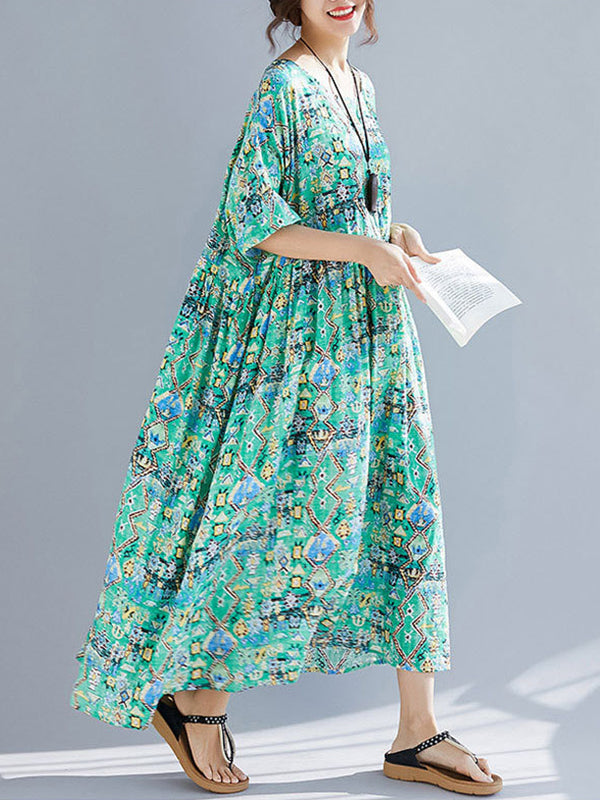 Multi Color Round Neck Geometric Print Batwing Sleeve Loose Smock Maxi Dress 4