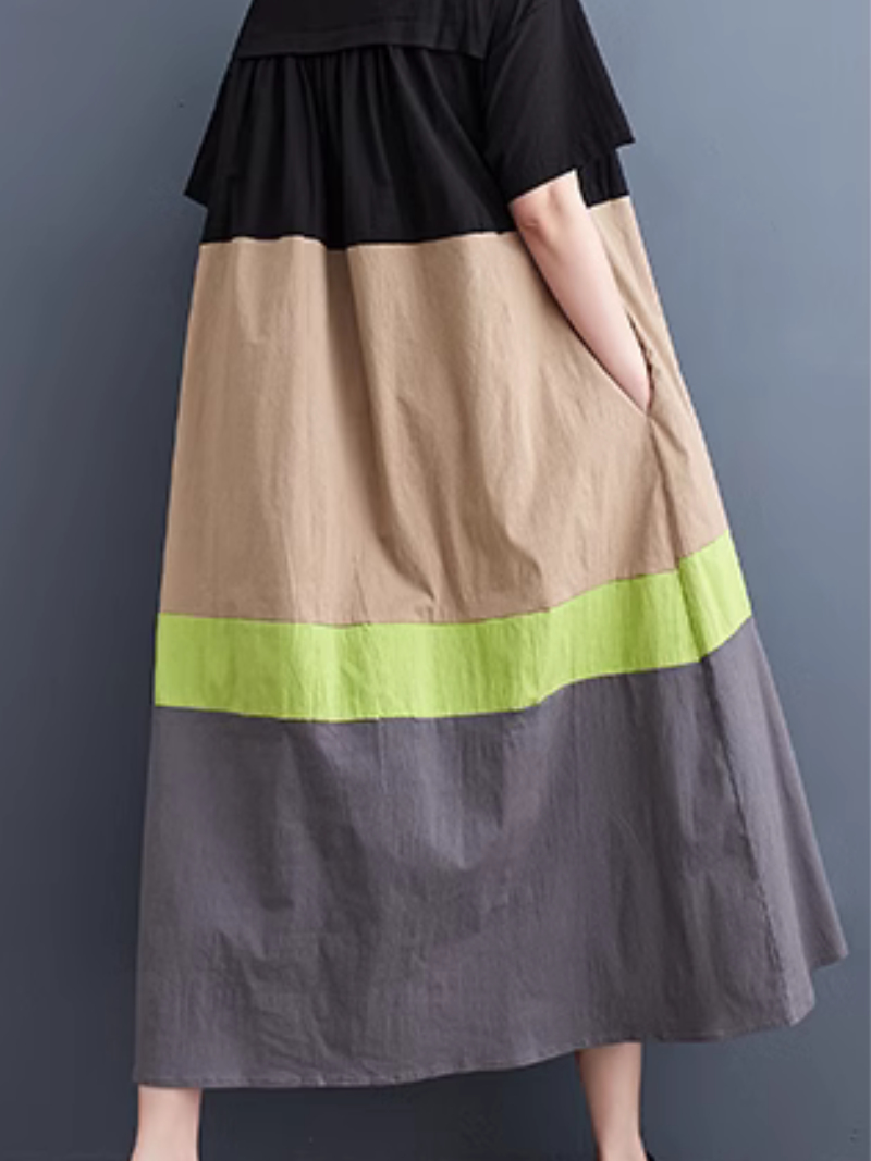 Round Neck Short Sleeve Contrast Panel Tiered Midi Dress 5