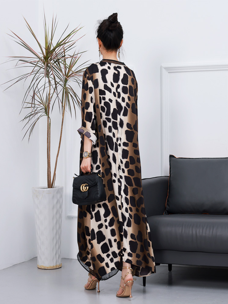 Coffee V-Neck Leopard Print Long Sleeve Loose Kaftan Maxi Dress 3