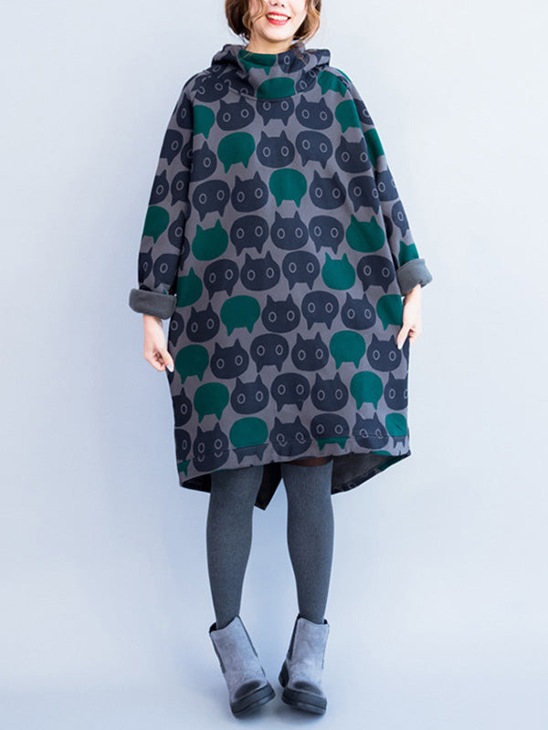 Grey Hooded Cat Print Long Sleeve Oversized Sweatshirt Midi Dress