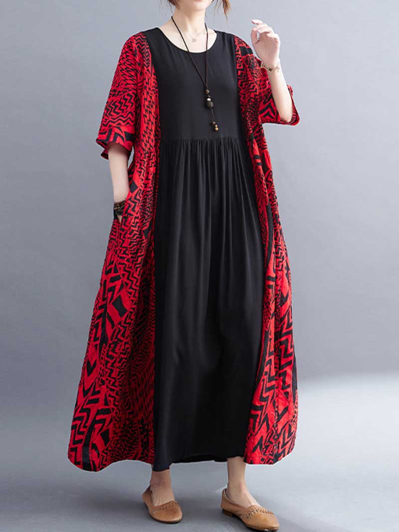 Round Neck Short Sleeve Geometric Print Loose Smock Maxi Dress 8