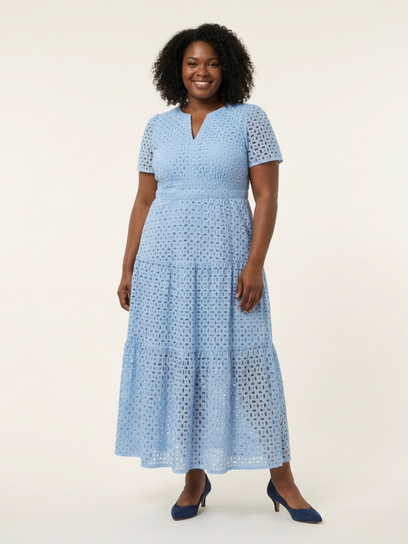 Sky Blue Notch Neck Flutter Sleeve Eyelet Lace Tiered Maxi Dress 5