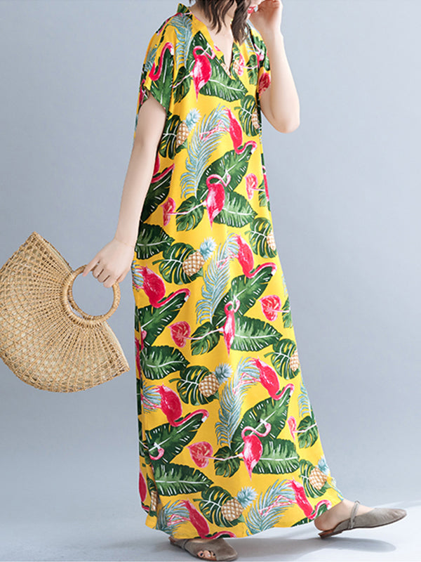 V-Neck Tropical Flamingo Print Short Sleeve Loose Kaftan Maxi Dress 4