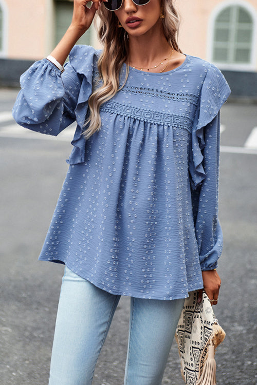 Miss You So Swiss Dot Lace Ruffled Long Sleeve Top - 5 Colors