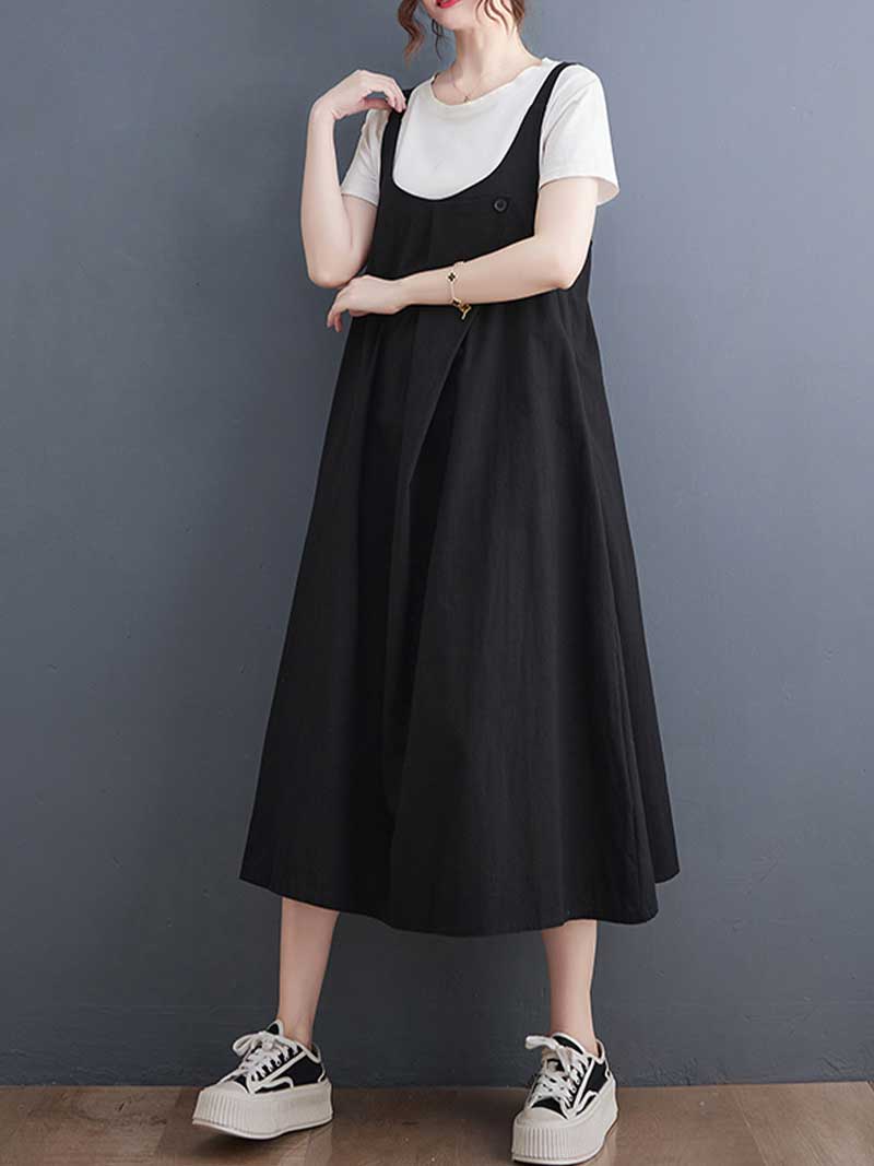 Wide Strap Cotton Loose A-Line Pinafore Midi Dress 7
