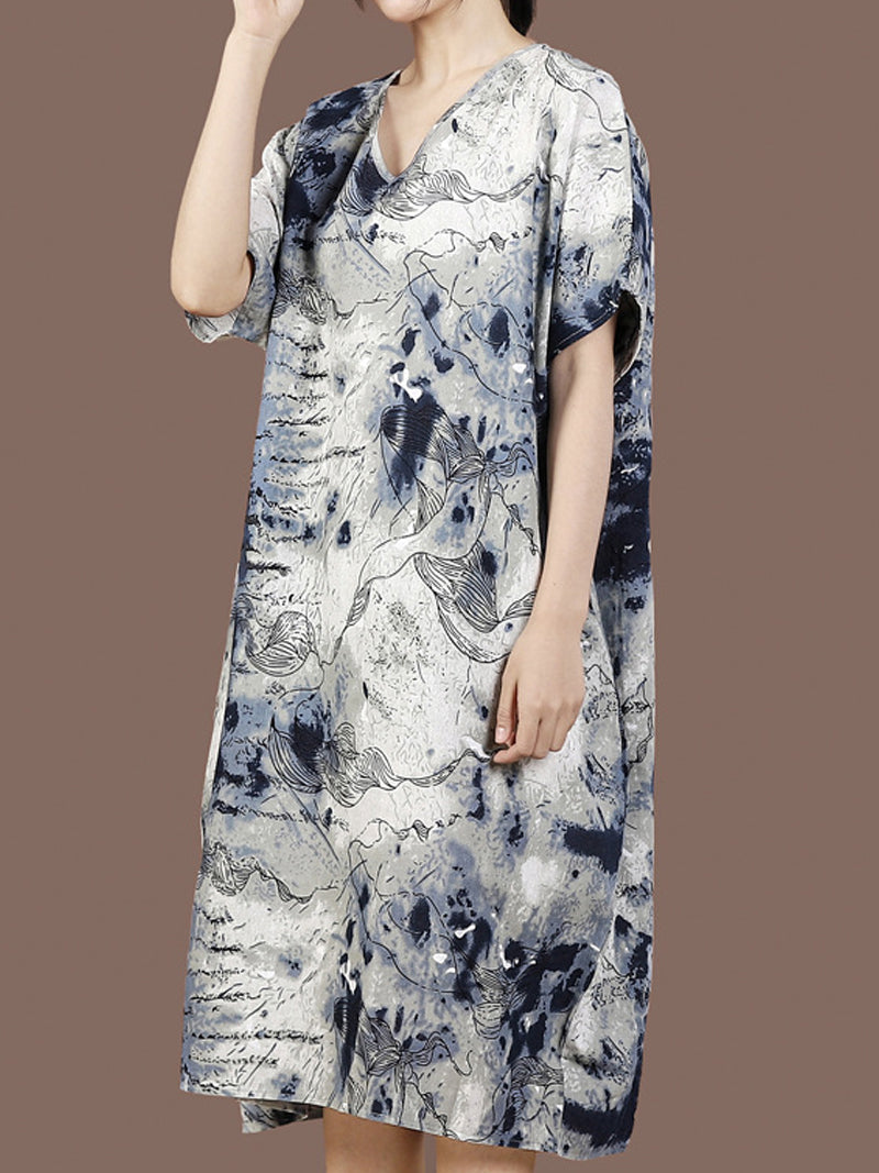 Grey V-Neck Ink Print Satin Short Sleeve Loose Cocoon Midi Dress 5