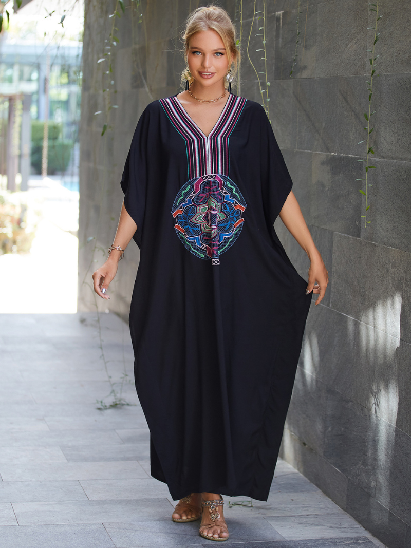 Black V-Neck Batwing Sleeve Embroidered Medallion Kaftan Maxi Dress 4