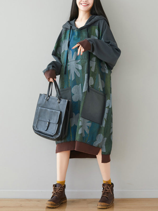 Grey Hooded Floral Print Patch Pocket Long Sleeve Sweatshirt Midi Dress 4