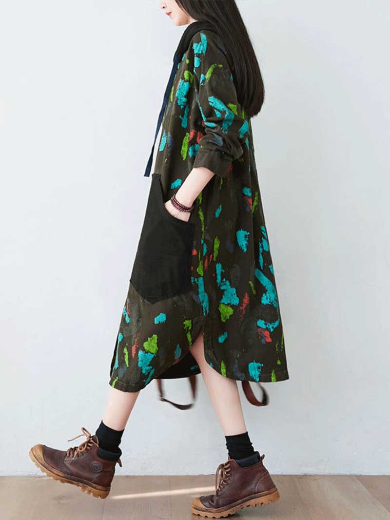 Hooded Button Front Abstract Print Patch Pocket Long Sleeve Midi Dress 5