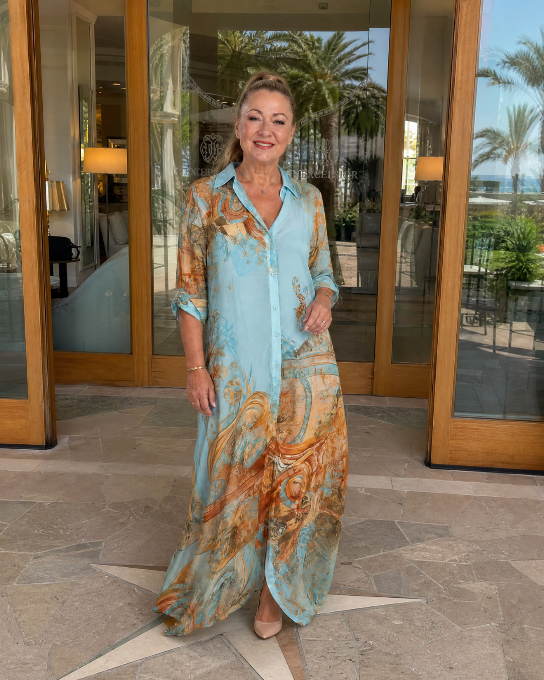 Multicolor Collared Button Front Baroque Print Roll-Tab Sleeve Shirt Maxi Dress 5