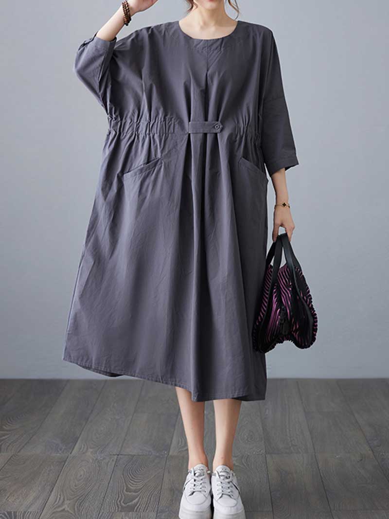 Round Neck Half Sleeve Cinched Waist Pocket Cotton Midi Dress