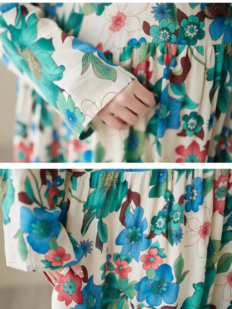 Round Neck Floral Print Long Sleeve Loose Smock Maxi Dress