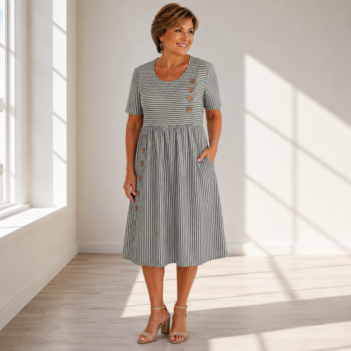Scoop Neck Striped Button Detail Short Sleeve A-Line Midi Dress 2