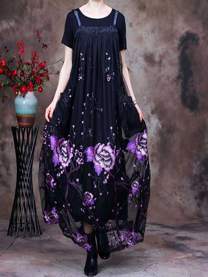 Adjustable Strap Rose Embroidered Mesh A-Line Pinafore Maxi Dress