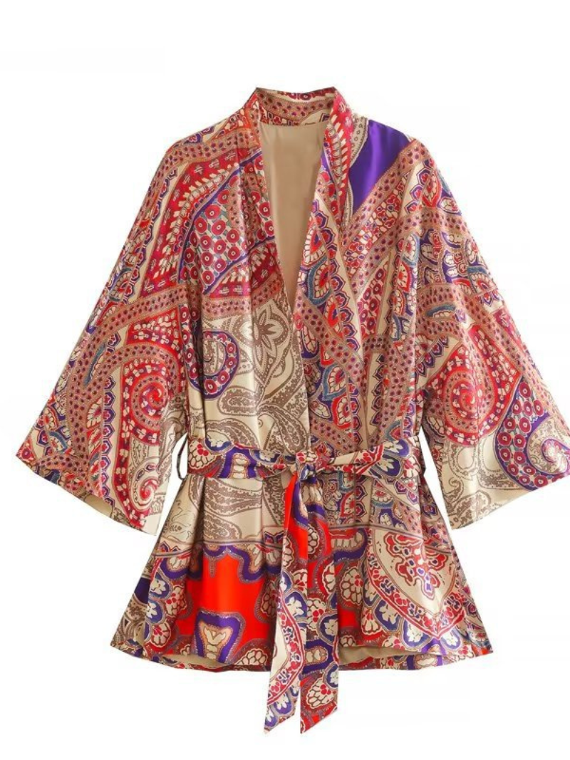 Multicolor Paisley Print Satin Wide Sleeve Belted Short Kimono 4