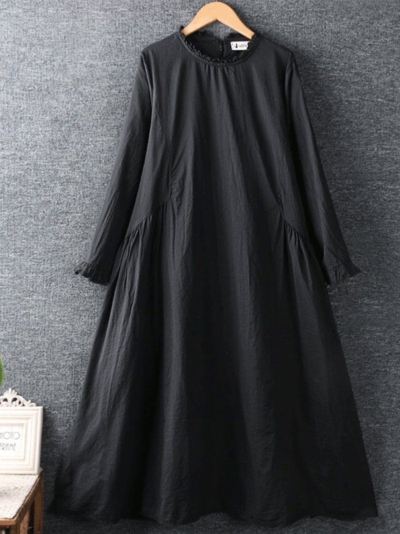 Ruffle Mock Neck Long Sleeve Cotton A-Line Midi Dress