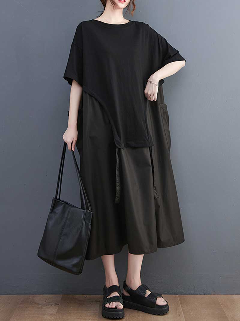 Round Neck Short Sleeve Layered Asymmetric Loose A-Line Midi Dress 5