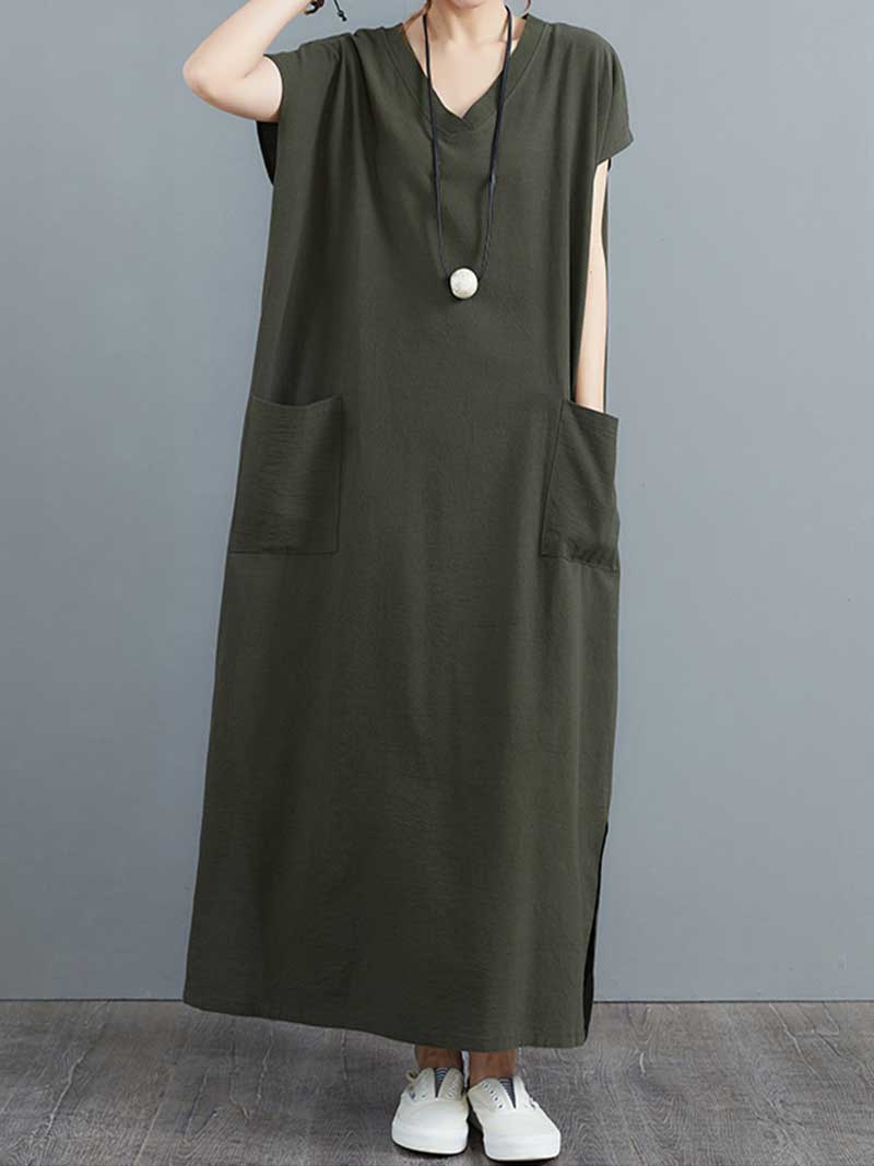 V-Neck Short Sleeve Patch Pocket Side Slit Loose Maxi Dress 6