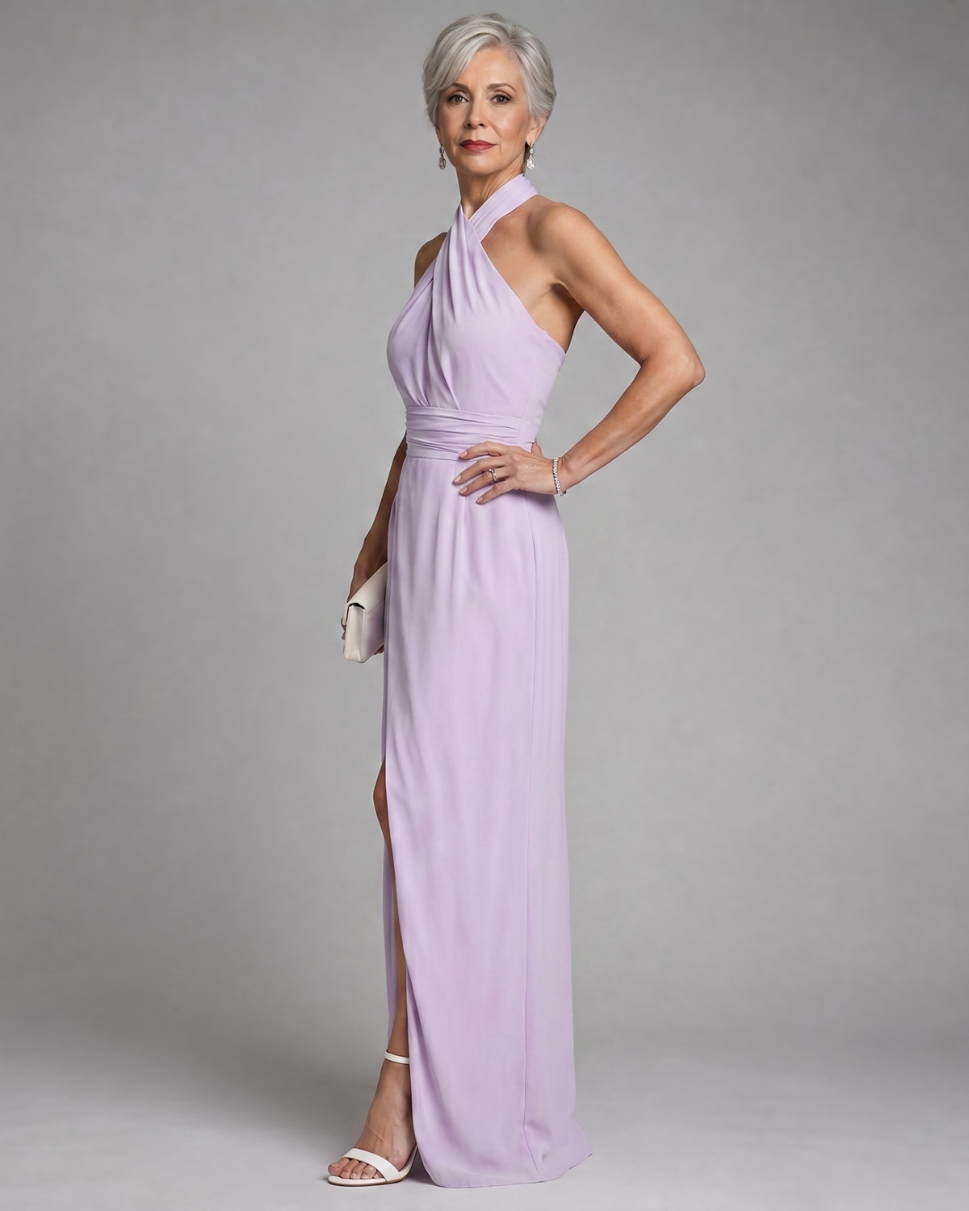 Cross Halter Ruched Waist High Slit Draped Maxi Gown 5