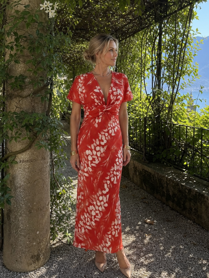 V-Neck Twist Front Satin Abstract Print Column Maxi Dress 6