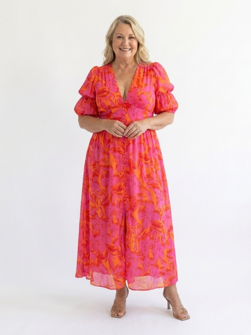 Pink V-Neck Floral Puff Sleeve Button Front Flowy Maxi Dress