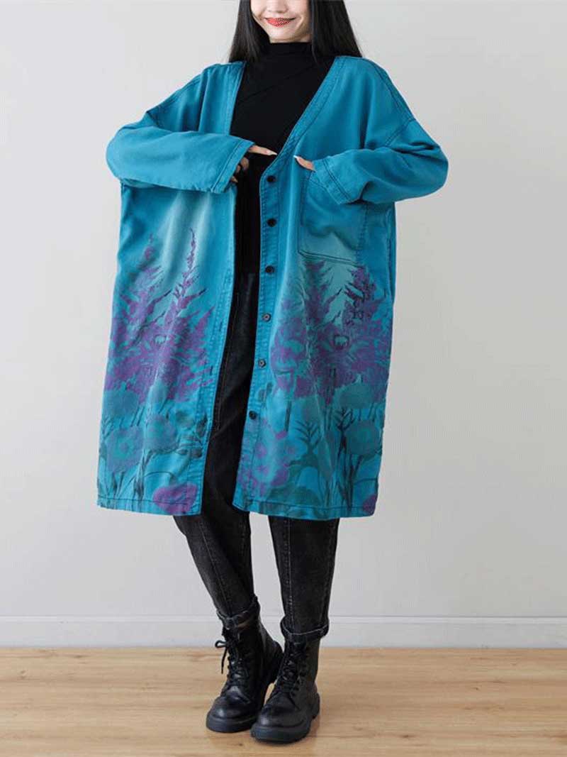 Lake Blue V-Neck Button Front Forest Print Pocket Loose Longline Coat 4