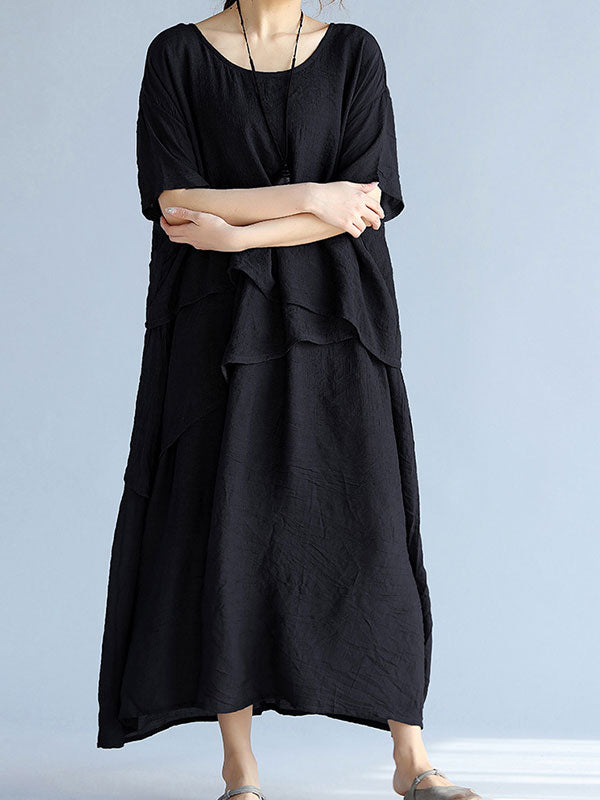 Round Neck Layered Short Sleeve Loose A-Line Linen Maxi Dress 3