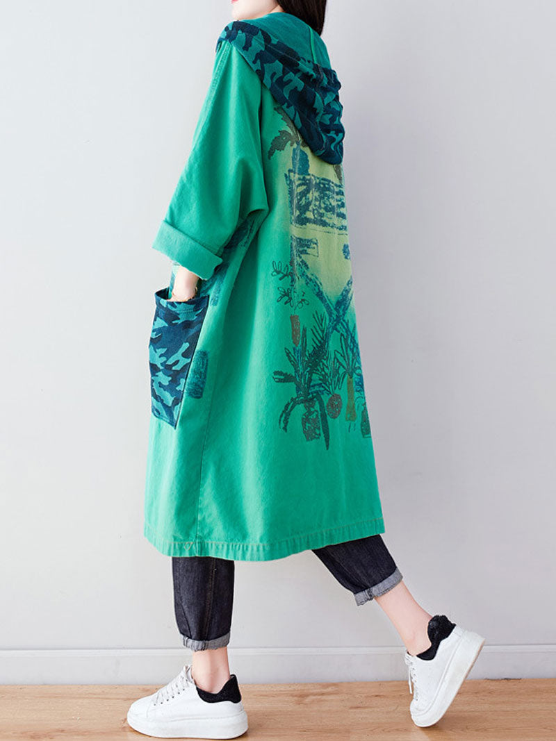 Hooded Graffiti Print Patch Pocket Long Denim Coat 5