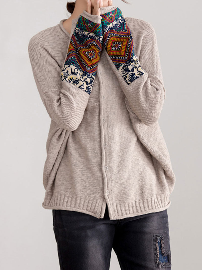 Round Neck Embroidered Sleeve Button Front Knit Cardigan