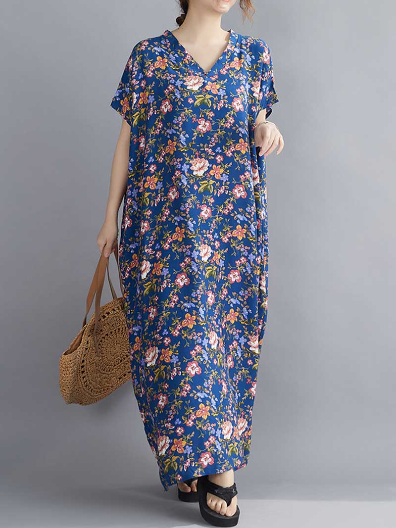 Multicolor V-Neck Short Sleeve Floral Print Cocoon Kaftan Maxi Dress